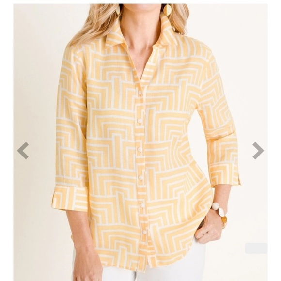 Chico's Tops - Chico's No-Iron button-down shirt 100% linen size 1 yellow 3/4 sleeve